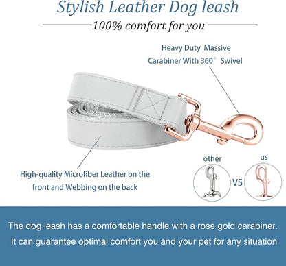 Dog Collar and Leash Set.Soft and Easy to Clean Vegan Leather with Rose Gold Metal Buckle for Small Medium Large Dogs (Grey, XS(8"-12"))