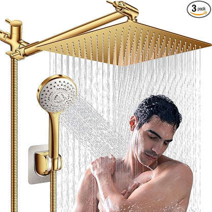 Shower Head,12'' Rain Shower Head with 11'' Adjustable Extension Arm and 5 Settings High Pressure Handheld Shower Head Combo,Powerful Shower Spray Against Low Pressure Water-Brushed Gold