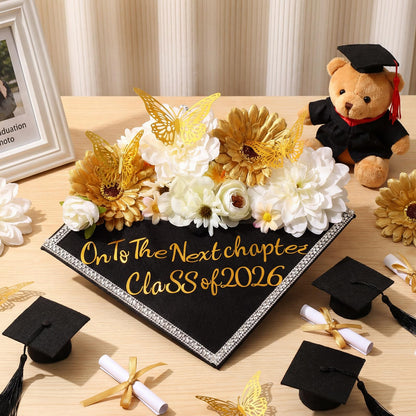 Wavwavw 53 Pcs DIY Graduation Cap Decorations Kit, 2026 Grad Cap Topper Include Faux Flowers 3D Butterfly Self Adhesive Pearl Stickers Glitter Alphabet Letter Decals for Party Decor(White)
