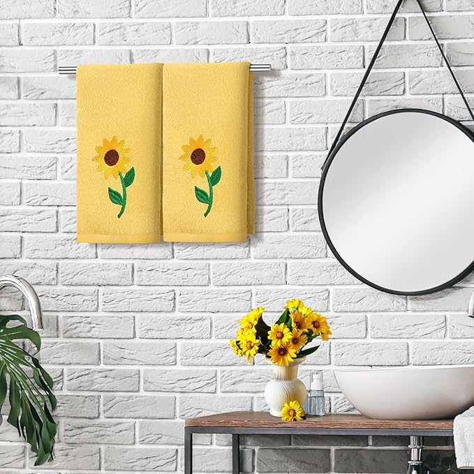 2 Pcs Sunflowers Hand Towels Bright Yellow Bathroom Decor 14x29 Inch