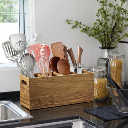 ALELION Acacia Wood Utensil Holder with Removable Divider - 4 Compartment Wooden Utensil Caddy Organizer for Kitchen Counter - Cooking Utensil Crock for Countertop