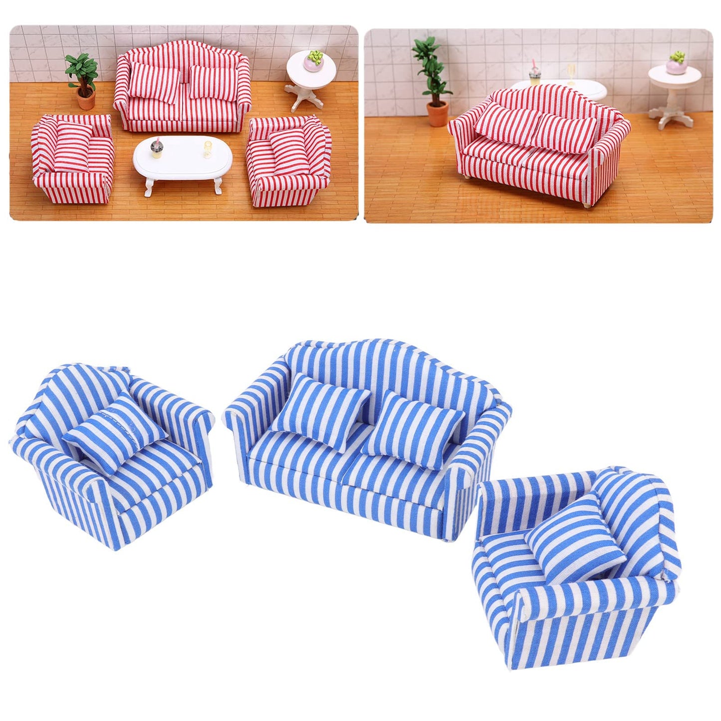 Miniature Dollhouse Sofa Set,3Pcs Pine Cloth Light Color Strip Blue 1:12 Scale Dollhouse Furniture for Collectors and Miniature Enthusiasts