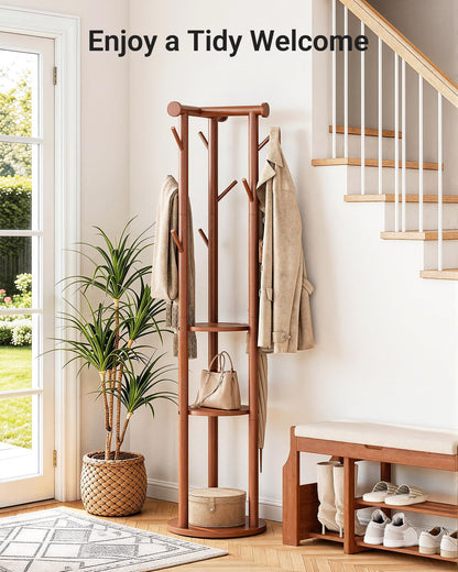 Pipishell Coat Rack Freestanding, Rolling Pine Wood Coat Tree with Wheels, 9 Hooks, T-Shaped Top & 3-Tier Shelves for Entryway, Hallway, Bedroom, Hall Tree for Coats, Bags, Hats & Scarves
