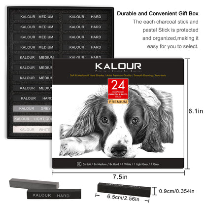 KALOUR 24 Pro Charcoal Drawing Set - Soft,Medium,Hard Charcoal and White - Charcoal Sticks for Drawing Sketching Shading - Art Supplies Gift for Artists Beginners Adults