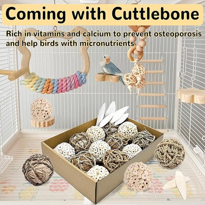 Bird Toys Sola Balls Parakeet Toys Natural Soft Chew Grass Balls with Cuttlebone for Parrots Conures Rabbits Hamster Guinea Pig Chinchilla(Style 2, 18 PCS)