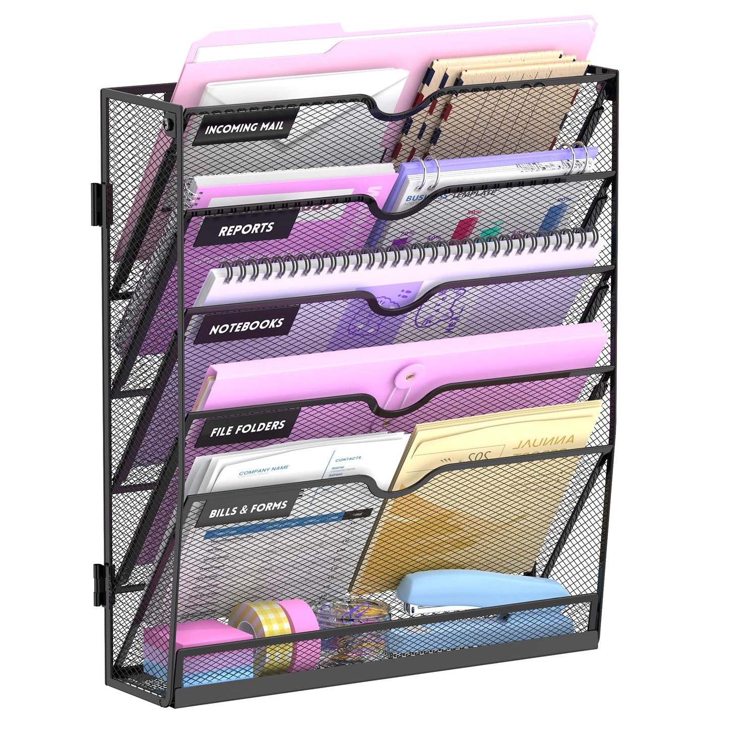 SUPEASY 6 Tier Wall File Organizer with Base, Vertical Hanging File Organizer, Wall Mounted File Holder for Mail, Documents & Folders, Metal Mesh Wall Organizer for Office Home School Classroom, Black