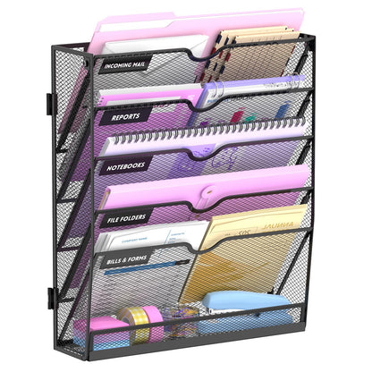 SUPEASY 6 Tier Wall File Organizer with Base, Vertical Hanging File Organizer, Wall Mounted File Holder for Mail, Documents & Folders, Metal Mesh Wall Organizer for Office Home School Classroom, Black