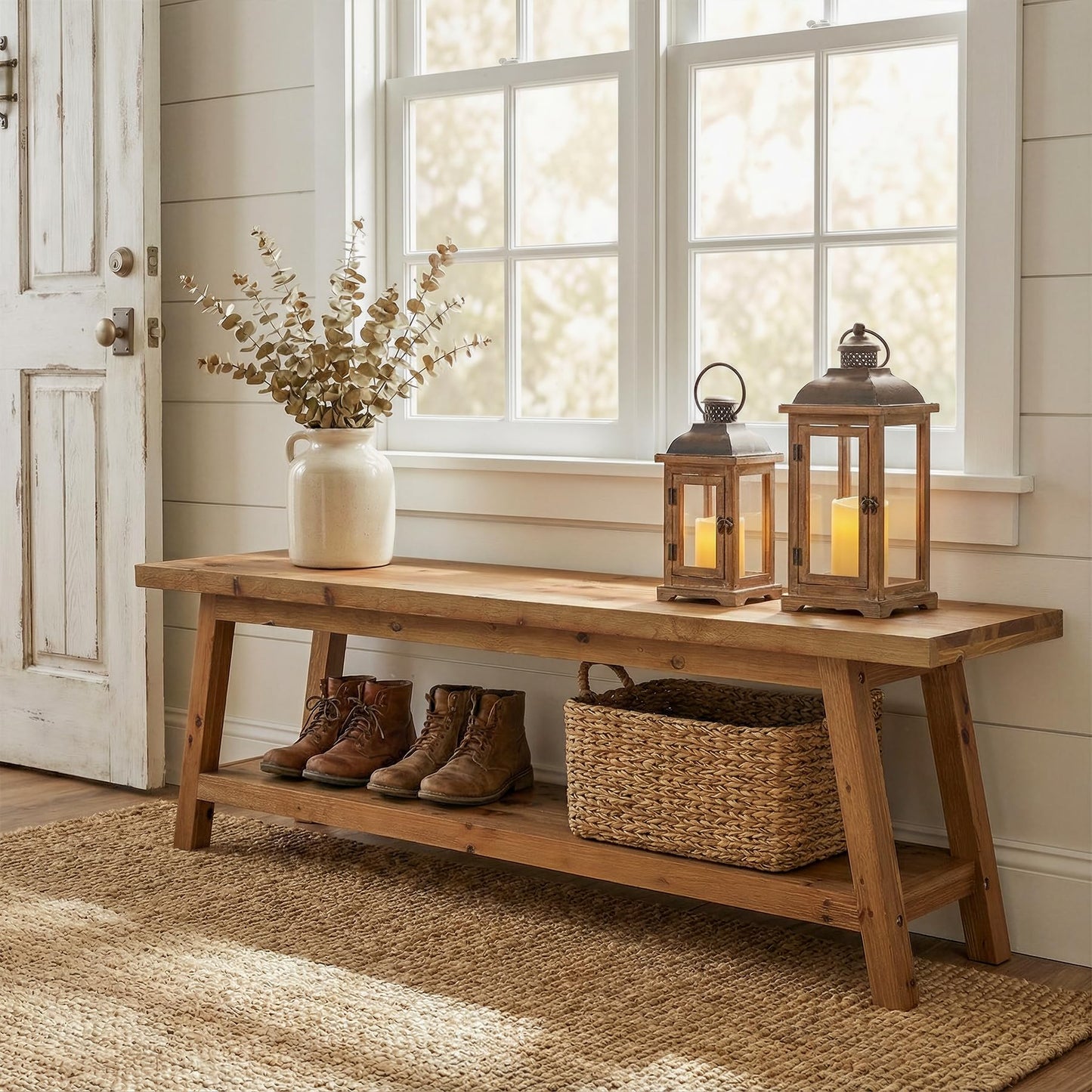 TRIBEWOOD Solid Wood Entryway Bench with Shoe Storage Shelf, 62.99" Long Rustic Hallway Shoe Bench, Natural Wood Mudroom Window Seating, 400 lbs Capacity