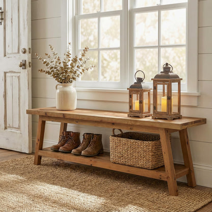 TRIBEWOOD Solid Wood Entryway Bench with Shoe Storage Shelf, 62.99" Long Rustic Hallway Shoe Bench, Natural Wood Mudroom Window Seating, 400 lbs Capacity