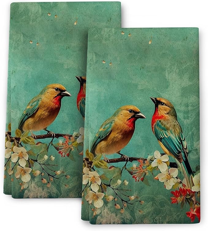 Cute Birds Kitchen Towels Decorative Set of 2, Absorbent Dish Towels Green Tea