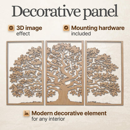 Tree of Life 3-Panel Wooden Wall Art – Baltic Birch Hanging Decor, Rustic Home & Living