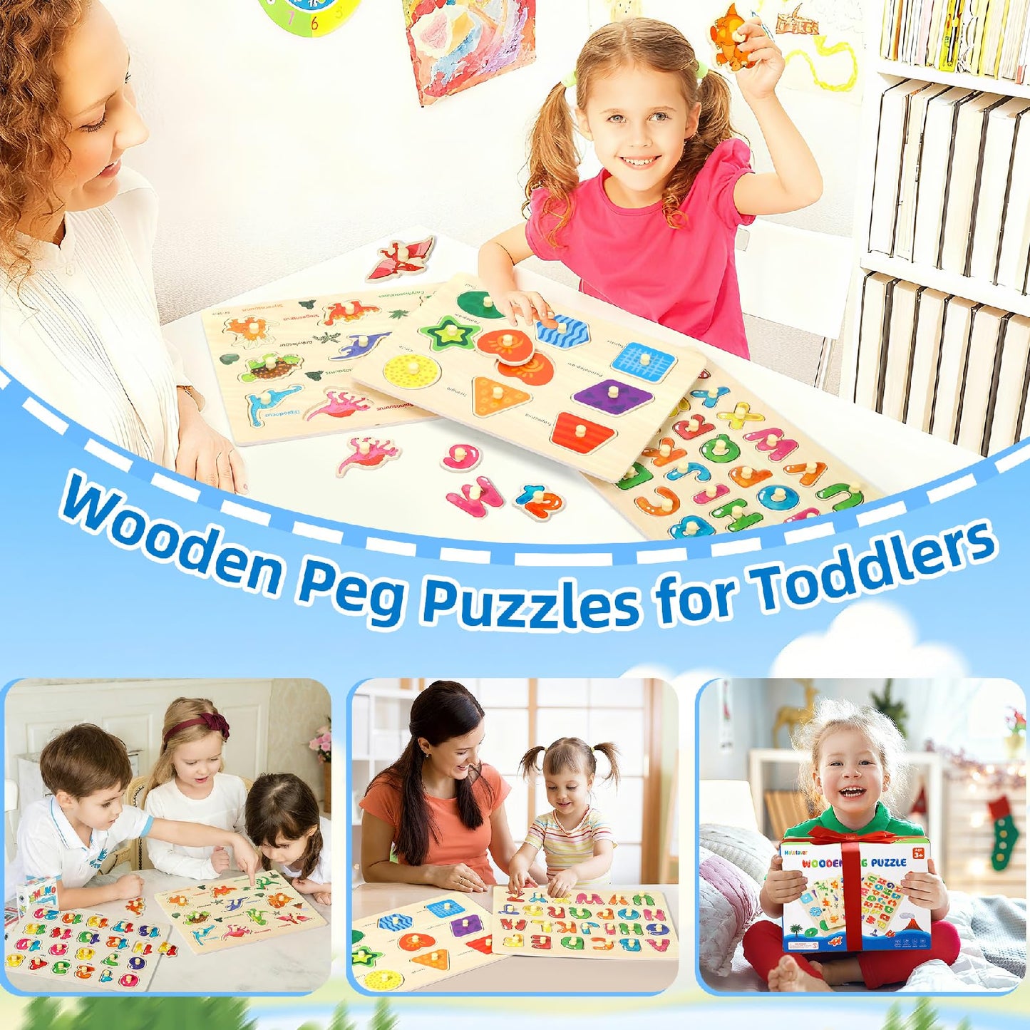 Melofaver Montessori Wooden Peg Puzzles for Toddlers 3 4 5 Year Old, 4 Pcs Kids Educational Toys Preschool Learning Activities-Alphabet, Shape, Number and Dinosaur, Baby Puzzle Gifts for Boys Girls