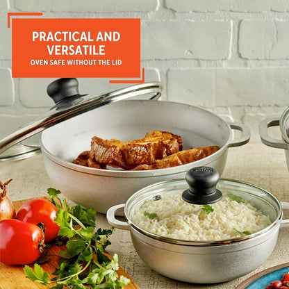 IMUSA Colombian 3 Piece Caldero Set with Glass Lids, Cast Aluminum Dutch Oven Pots, 1.5Qt 3.5Qt and 7Qt Traditional Hispanic Cookware for Rice, Beans, Soups, Stews, and Braised Meals
