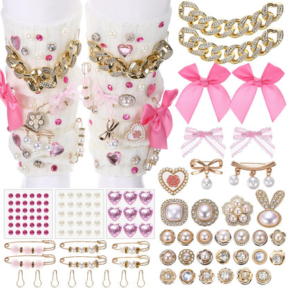 Trnayi 120 Pcs Junk Socks Charms Kit, Gold Brooches and Pins for Women Christmas Gifts, Pearl and Gems Bows Shoe Charms with Safety Pins for DIY Hat Clothes Bags(Pink,Stylish)