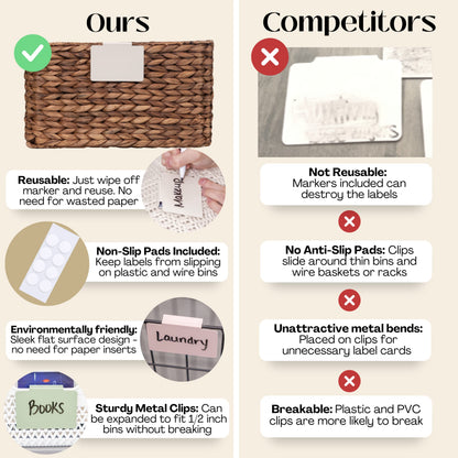 Hygge & Sage: Metal Non-Slip Basket Labels Clip On for Storage Bins, or Wire Racks | Includes 8 Labels, 8 Non-Slip Pads, and 1 Free Marker (Cream)