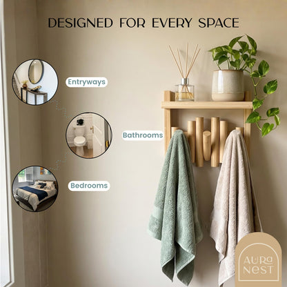 AURA NEST Bamboo Wall Mounted Coat Rack with Shelf Flip Down Wooden Hooks for Entryway Hallway Bedroom | Natural Piano Hanger, 3 Hooks, Space Saving Organizer