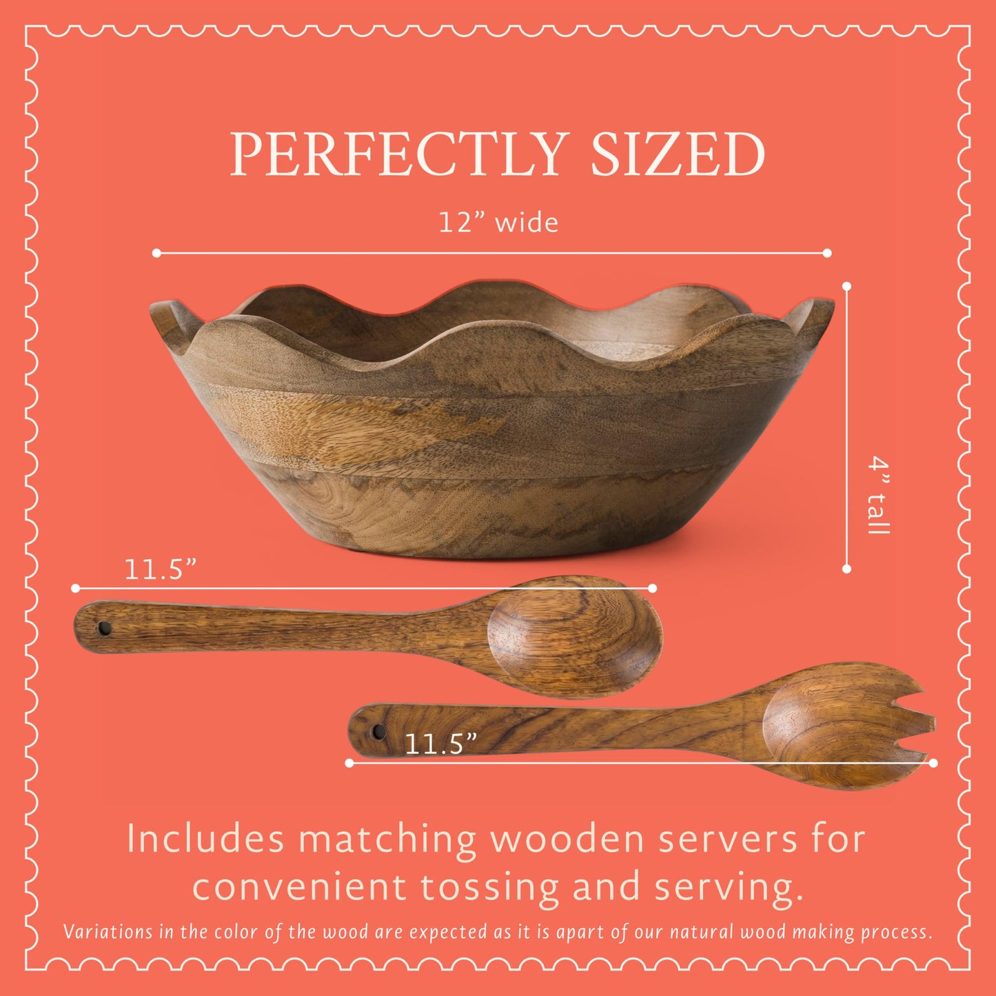 Mela Artisans 12 in Wide x 4 in Tall Scalloped Acacia Wood Salad Bowl with Servers – Decorative Serving and Fruit Bowl with Natural Finish for Kitchen Counter, Pasta, Bread and Home Decor