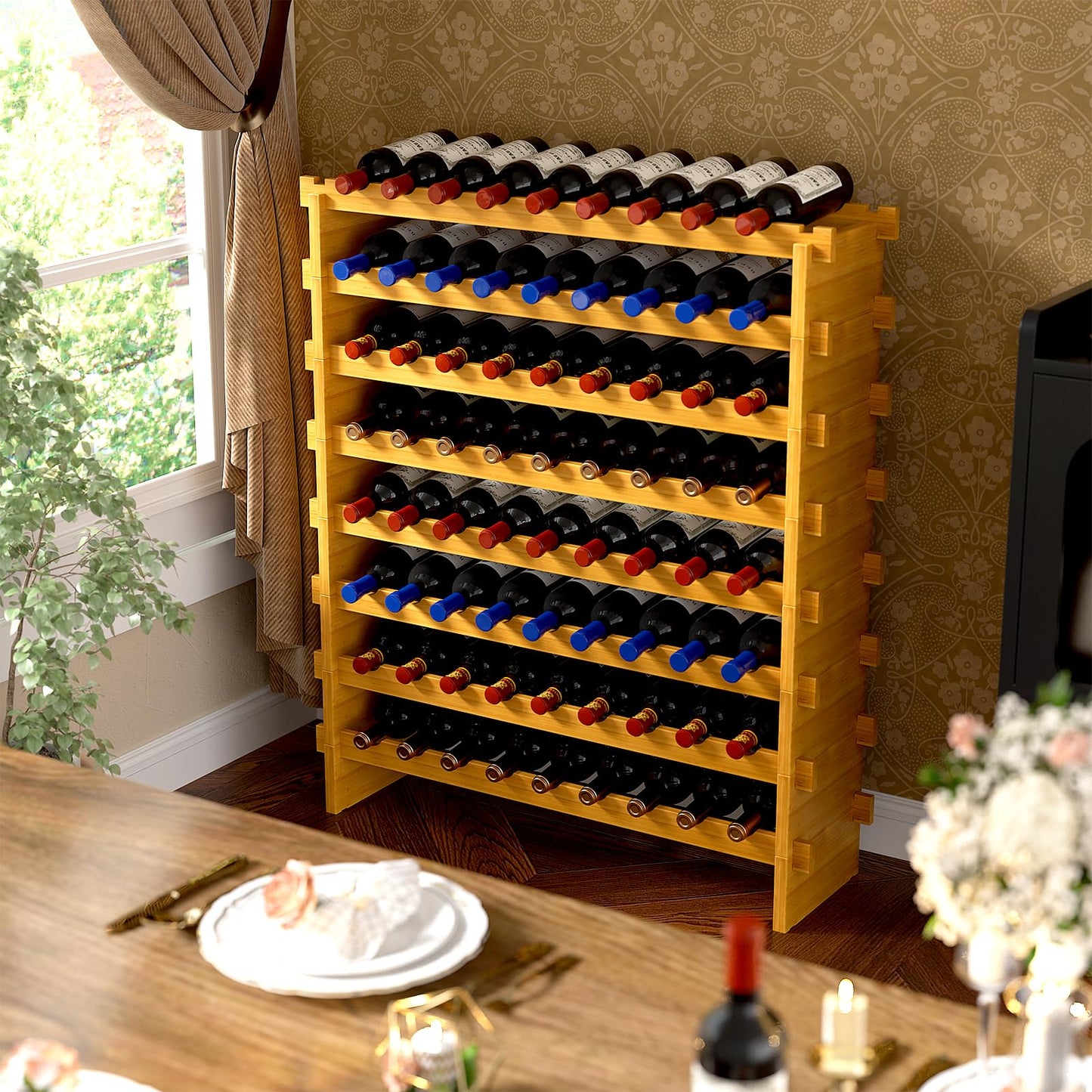 Bambition Bamboo Wine Rack Stackable, 8-Tier 72 Bottles Large Capacity, Modular Wine Storage Rack Free Standing, Floor Wine Display Shelf