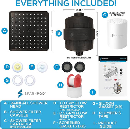 SparkPod 23-Stage Filtered Shower Head, 8" Square, Oil-Rubbed Bronze | Filtered Shower Head for Hard Water Filter, High Pressure, Reduces Chlorine, Heavy Metals, For Dry Skin & Hair