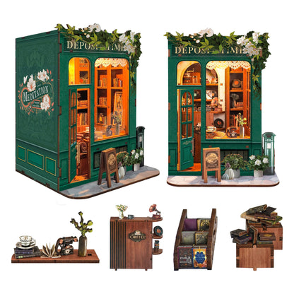 Foyucool DIY Book Nook Kit, Miniature Bookshelf Decor with LED Lights, Laser-Cut Wooden Craft Set for Adults, Creative Gift for Christmas, Birthday, Leisure Time
