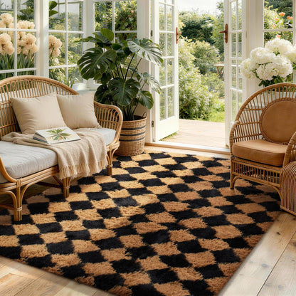 Ophanie Black & Beige Diamond Checkered Rugs for Living Room Bedroom,Rhombus Fluffy Soft Cute Fuzzy Area Rug,Plush Shaggy Bedside Floor 4x6 Furry Carpet Kids Dorm Decor with Over 99 pcs Pile fibers