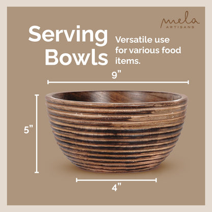 Mela Artisans Wooden Fruit Bowl | Dark Burnt Finish | 9” Decorative Mango Wood Serving Bowl | Multipurpose for Kitchen Countertop | Salad | Snacks | Fruit | Breads & More | Natural Grain Look