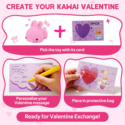 28 Pack Valentine’s Day Cards with Mochi Squishy Toys for Kids, Cute Kawaii Squishies School Classroom Valentine Exchange Set, Valentines Party Favors and Greeting Cards