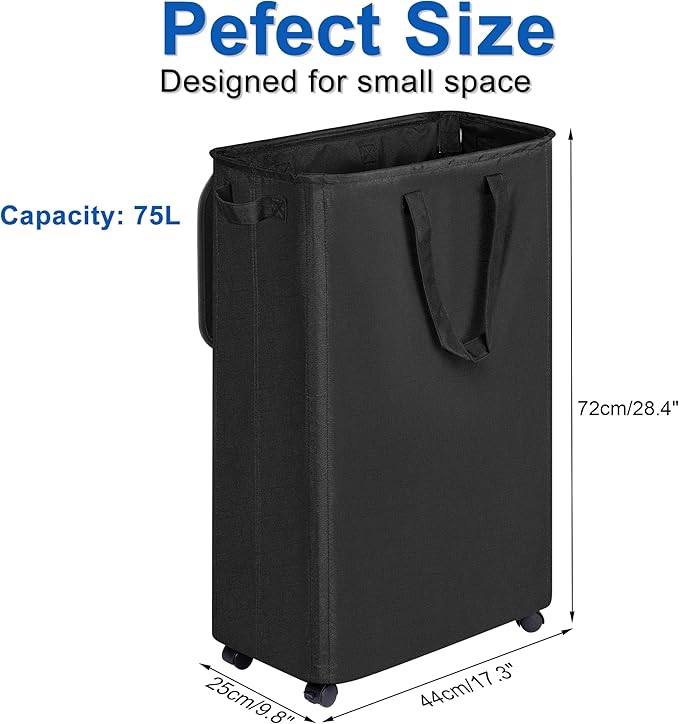 Slim Laundry Hamper with Lid and Wheels, Small Rolling Laundry Basket with