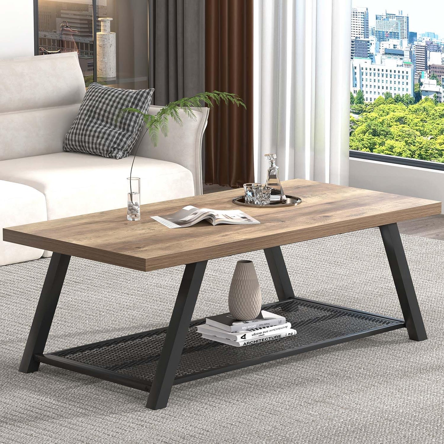 FOLUBAN Coffee Table with Storage, Modern Rustic Wood and Metal Coffee Tables for Living Room, Industrial 2-Tier Center Tea Cocktail Table, Oak, 47 Inch