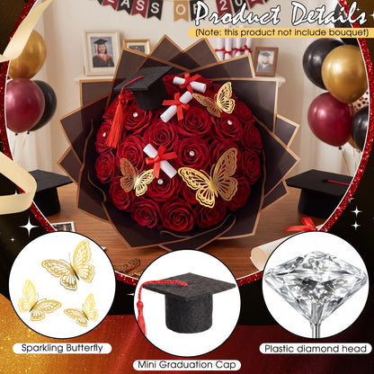 Gilprop 45 Pcs Graduation Flower Bouquet Kit Include 12 Butterfly Decorations 4 Mini Grad Cap 4 Certificate Scrolls Floral Tapes Wraps 25 Diamond 2026 Grad Party Decor Flower Bouquet Gift (Red)
