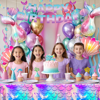 Winrayk Purple Mermaid Party Decorations Birthday Supplies for Girls, Large Foil Balloon with Birthday Banner/ Shell Garland/ Tablecloth/ Metallic Balloon/ Cake Topper, Little Mermaid Party Decoration