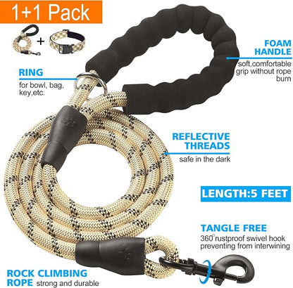 Ladoogo Reflective Dog Collar Padded with Soft Neoprene Breathable Adjustable Nylon Dog Collars for Small Medium Large Dogs (Medium (Pack of 1), Vanilla Plaid Collar+Leash)