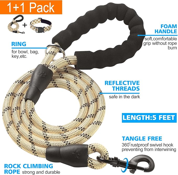 Ladoogo Reflective Dog Collar Padded with Soft Neoprene Breathable Adjustable Nylon Dog Collars for Small Medium Large Dogs (Small (Pack of 1), Vanilla Plaid Collar+Leash)