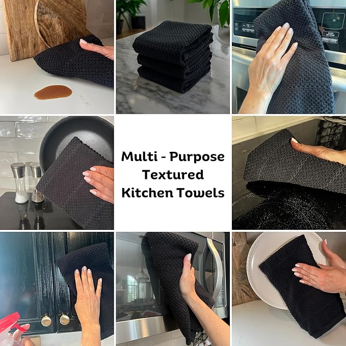 Serafina Home Black Textured Kitchen Hand Dish Towels 100% Cotton Cloth Soft