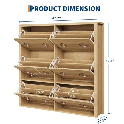 Shoe Cabinet with 6 Flip Drawers, Shoe Storage Cabinet with Adjustable Shelves, Flower Pattern & Diamond Handle, Freestanding Slim Shoe Storage, Wooden Shoe Organizer Cabinet for Entryway, Natural