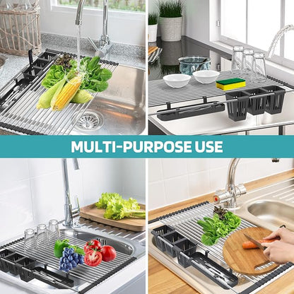 BBXTYLY Extra Large Black Expandable Roll Up Dish Drying Rack Up to 22.8''with 2 Storage Baskets,Over The Sink Kitchen Rolling up Dishes Drainer, Foldable,Rollable