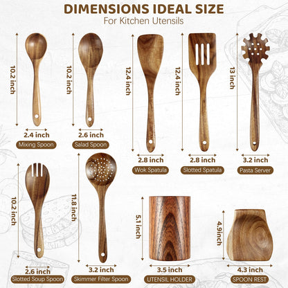 LSFCHUJU Wooden Spoons for Cooking - 10 Piece Natural Teak Wood Kitchen Utensil Set, Wooden Spoons Set with Holder, Spoon Rest & Hooks, Wooden Spatula Set with 7 metal hooks