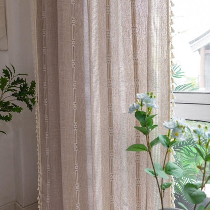 Linen Curtains 108 Inches Long for Living Room 2 Panels Set, Embroidery Farmhouse Tassel Boho for Bedroom Light Filtering Window Rod Pocket Drapes (52" W x 108" L, Khaki)