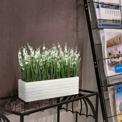 14 Inch Artificial Lavender Flower Arrangement in Rustic Rectangular Wood Planter Box White Fake Lavender Flower Faux Potted Lavender Plants for Table Centerpiece Windowsill Shelf Home Decor Indoor