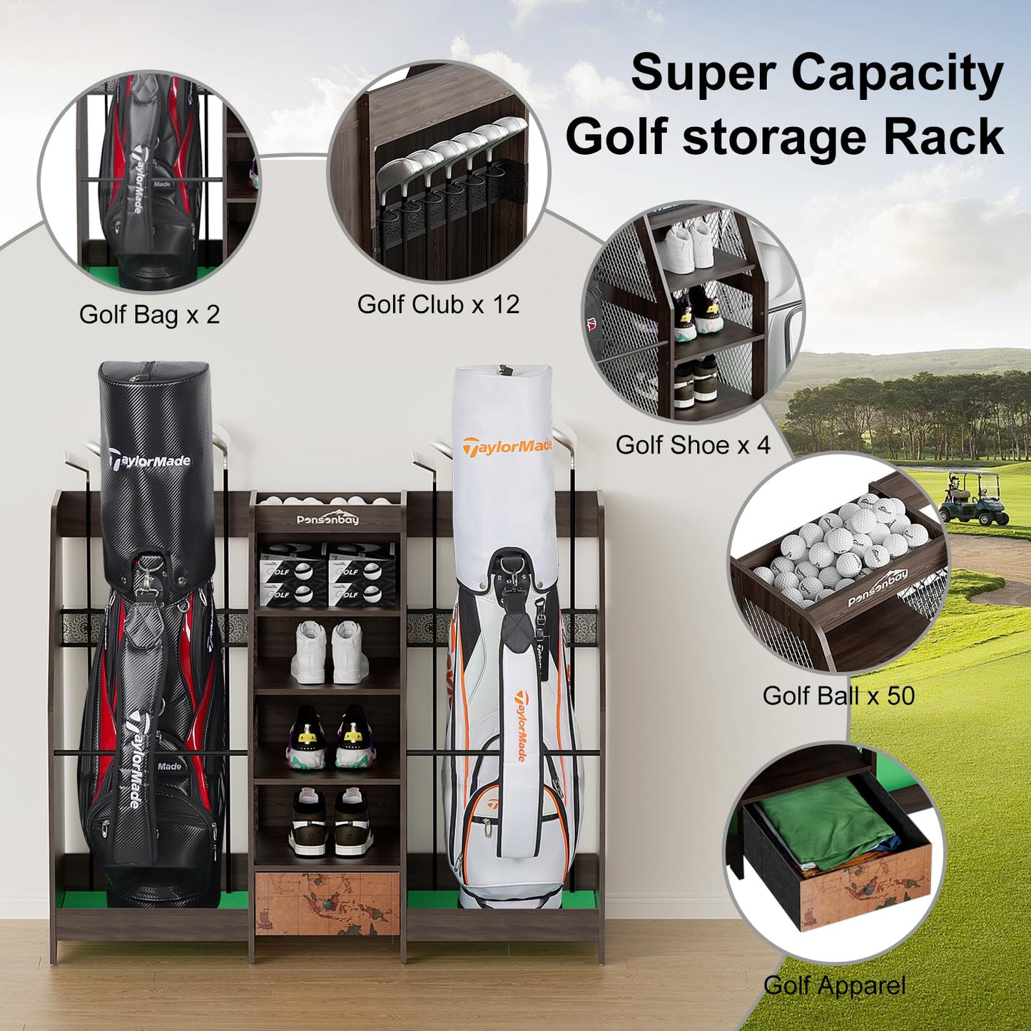 Ponsonbay Golf Bag Storage Organizer for Garage, Premium Wooden 2 Golf Bags Rack with Drawer, Easy Assemble Golf Club Stand/Holder Suitable for Garage Home Simulator and Office