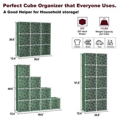 C&AHOME Cube Storage Organizer with Doors, 10-Cube Shelves, DIY Plastic Modular Bookshelf, Closet Clothes Storage Shelving Ideal for Bedroom, Living Room, Clover Embossed, Green