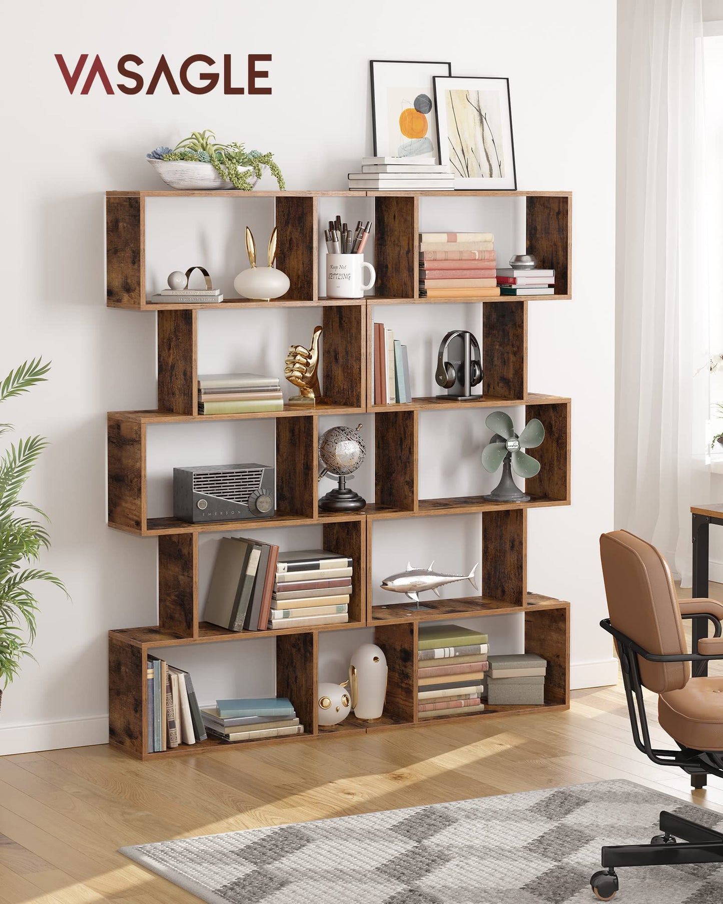 VASAGLE Custos Collection - Bookshelf, 5-Tier Bookcase, Tall Display Shelf, Freestanding Storage Shelf, Room Divider, for Home Office, Living Room, Bedroom, Study, Rustic Brown ULBC62BXS