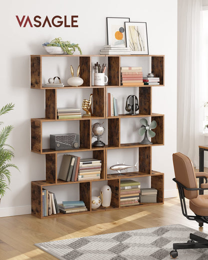 VASAGLE Custos Collection - Bookshelf, 5-Tier Bookcase, Tall Display Shelf, Freestanding Storage Shelf, Room Divider, for Home Office, Living Room, Bedroom, Study, Rustic Brown ULBC62BXS