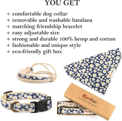 Pettsie Hemp Dog Bandana Collar & Matching Owner Friendship Bracelet | Adjustable, Durable Hemp, Soft & Comfortable, Secure D-Ring, Matching Friendship Bracelet, Blue