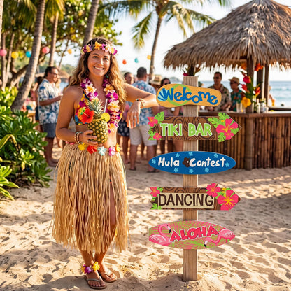RattanView 5 Pcs Hawaiian Party Decorations Luau Wooden Welcome Signs Aloha Themed Directional Sign for Summer Tropical Directional Beach Island Themed Parties