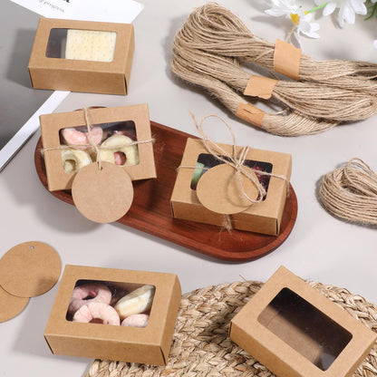 100 Pcs Soap Boxes for Handmade Soap, 3.35 x 2.36 x 1.18 Inch Kraft Paper Soap Packaging Boxes with Clear Window Small Rectangular Gift Wrapping Box for Bakery Candy Cookies Chocolate Party Favors