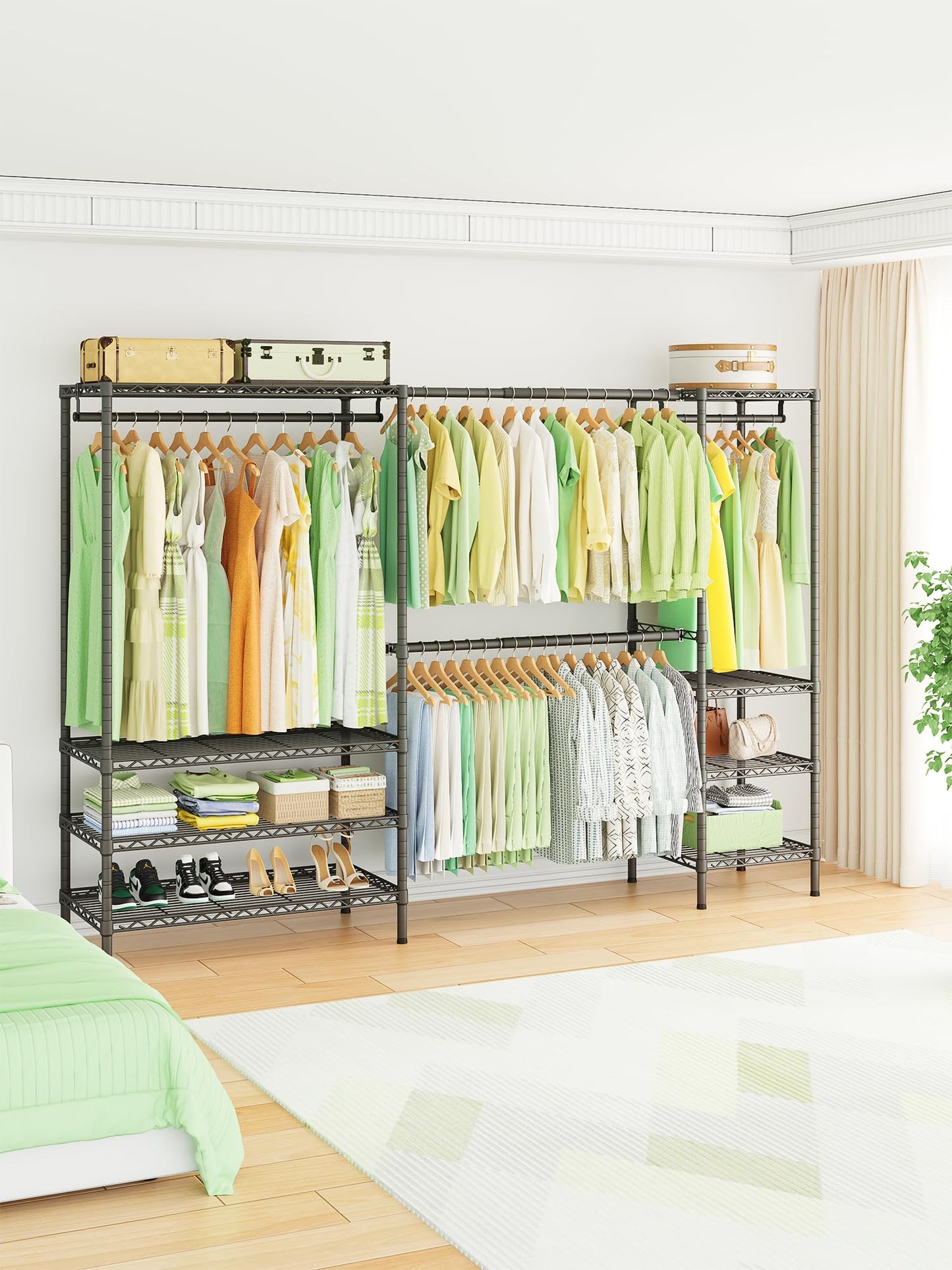 Ulif E11 Heavy-Duty Garment Rack, Metal Freestanding Clothes Rack and Closet Storage Organizer System with 8 Shelves and 4 Hanger Rods, (73.2-97.6)" W x 14.5" D x 71.2" H, Load 1034 LBS, Black
