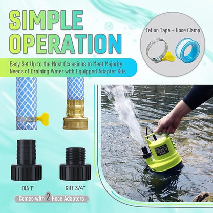 1/3 HP Submersible Water Pump 2000 GPH Portable Small Sump Pump For Pool Cover, Basements, Puddles, Gardens Ponds With 16.4 Ft Power Cord and Hose Adapters, Yellow