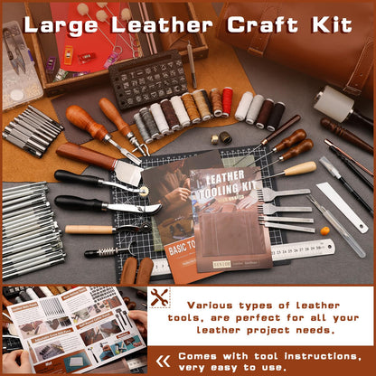TLKKUE Leather Tooling Kit Leather Craft Tools Leatherworking Kit with Custom Handbag Cutting Mats Engraving Punching Sewing Stamping Sanding Tools for Handicraft Work Professional