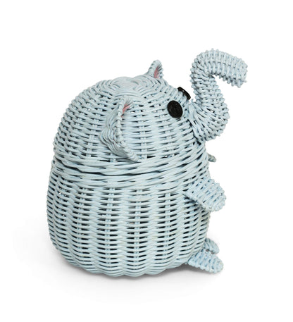 G6 COLLECTION Elephant Rattan Storage Basket With Lid Decorative Bin Home Decor Hand Woven Shelf Organizer Cute Handmade Handcrafted Nursery Gift Animal Decoration Wicker Elephant (Small, Blue)